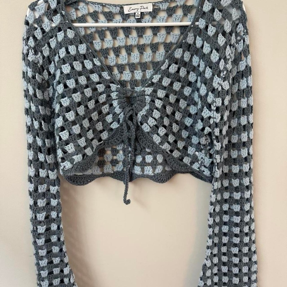 Medium Emory Park cropped crochet top Gray & blue crochet bolero with tie front